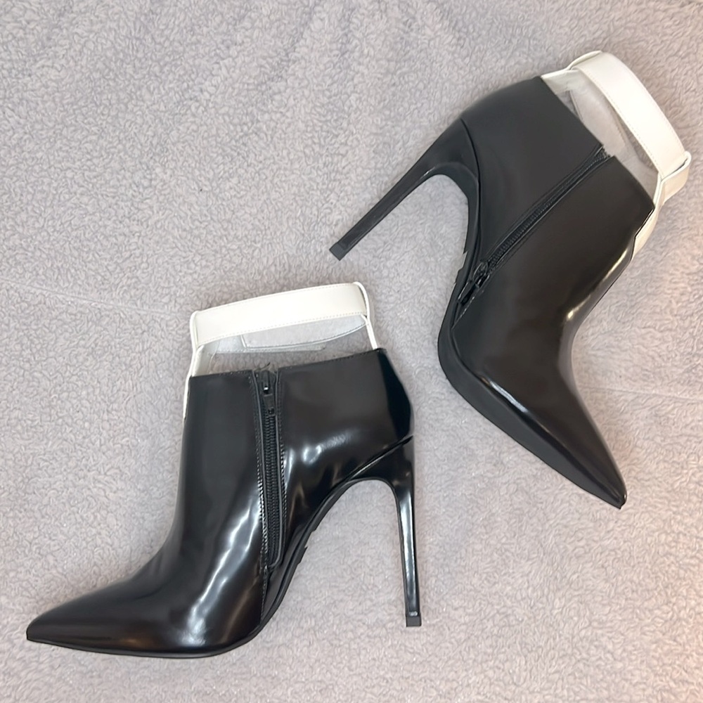 New Jeffrey Campbell black patent leather booties with ankle strap.  Size 7.5